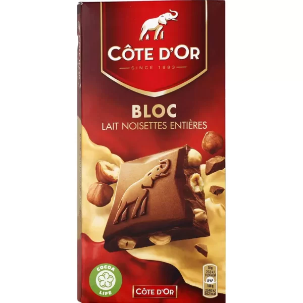 COTE D'OR Tablette de chocolat lait noisettes entières 180g